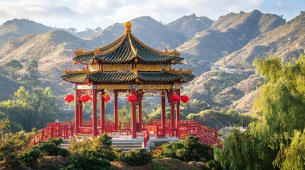 Fototapeta premium Serene Chinese Pavilion Amidst Rolling Hills