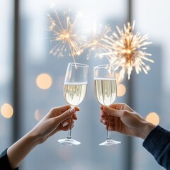 Elegant Toast with Sparkling Wine and Sparklers, Celebrating a Joyous Occasion in a Bright, Modern Setting with Bokeh Lights in the Background