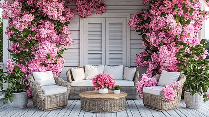 Serene Patio Furniture Amidst Blooming Pink Flowers