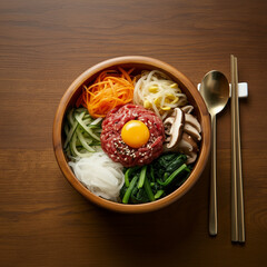Korean Beef Tartare Bibimbap with Fresh Vegetables