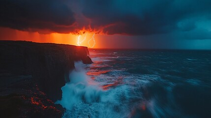 Fototapeta premium Lightning strike over ocean cliff at sunset.