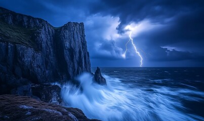 Lightning strike over dramatic ocean cliffs at night.
