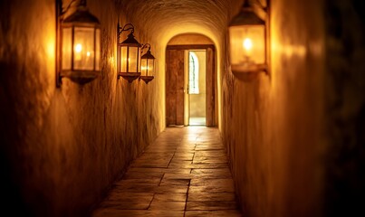 Fototapeta premium Lit hallway with lanterns leads to open door.