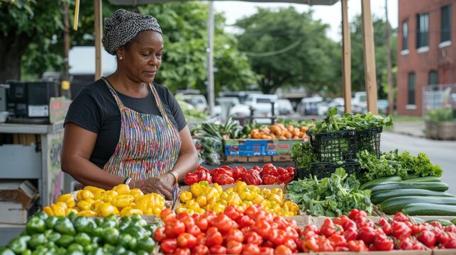 Vibrant Farmer's Market Scene: Customer Selecting Fresh Produce for Healthy Lifestyle