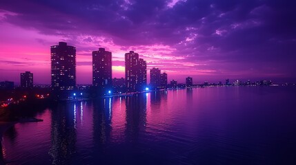 Fototapeta premium Vibrant purple sunset over city skyline reflected in calm water.