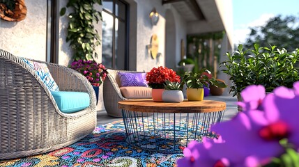 Obraz premium Colorful Patio Furniture With Vibrant Plants And Rug