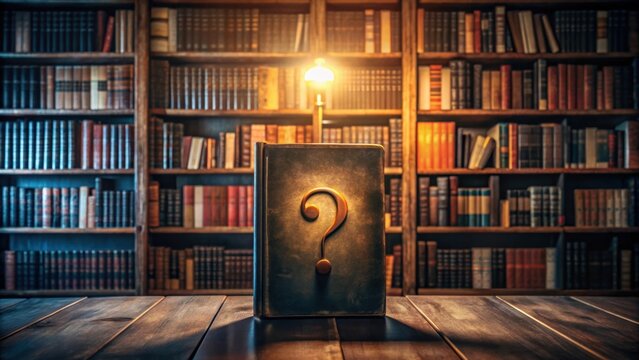 A mysterious book with a question mark symbol on the cover, surrounded by dimly lit shelves and old books , symbolism