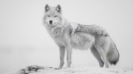 Obraz premium Majestic arctic wolf standing on snowy hill in winter.