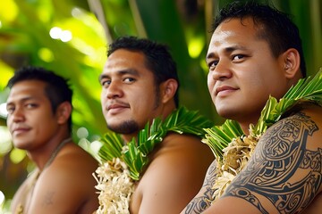 Samoan men in traditional attire, gathered outdoors in a lush tropical setting, celebrating their cultural identity.