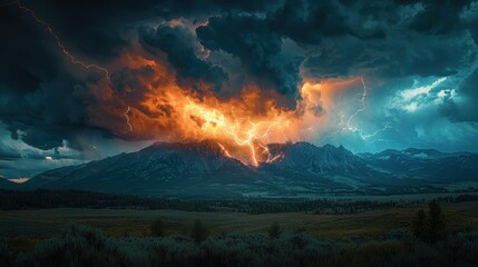 Fototapeta premium A stormy sky with a mountain in the background. Generative AI