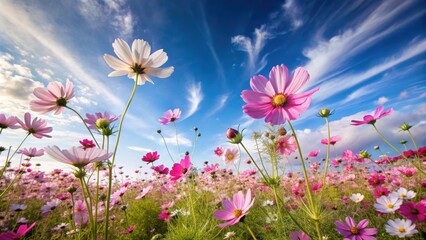 Fototapeta premium A vast expanse of cosmos flowers swaying gently in the breeze amidst a soft