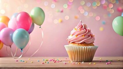 A delicate birthday cupcake sits atop a pile of colorful balloons and confetti on a soft pink background with subtle texture and gentle gradient , Texture, Confetti