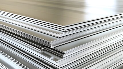 Neatly arranged polished metal sheets in a stack, showcasing industrial precision.