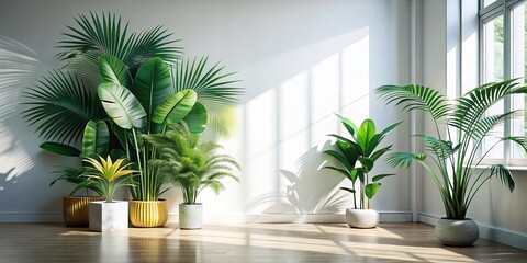Fototapeta premium Sunlit Room with Lush Tropical Plants in Modern Pots