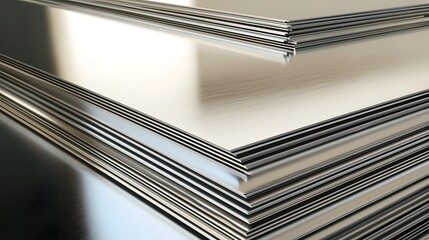 Polished metal sheets stacked in an orderly manner, reflecting light in an industrial warehouse.