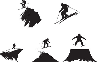 Silhouette of a skier jumping over a snow ramp with arms outstretched, winter vector silhouette