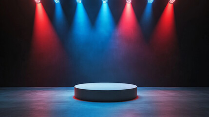 Modern sleek podium on empty stage illuminated by dynamic red and blue lights, creating vibrant atmosphere for presentations or performances