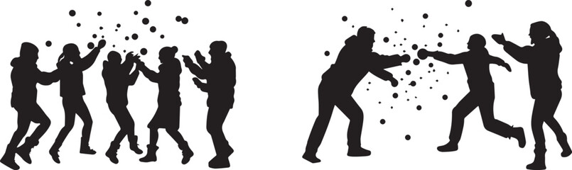 Obraz premium Silhouette of a group of people having a snowball fight, winter vector silhouette