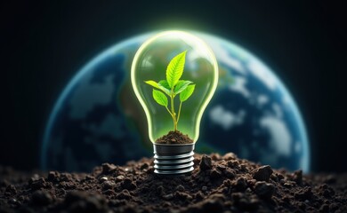 A young plant sprouts from soil inside a lightbulb, symbolizing sustainable energy and eco-consciousness.
