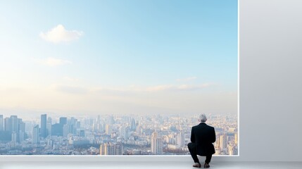 Fototapeta premium Businessman Sits at Large Window Overlooking Modern Cityscape with Blue Sky and Soft Clouds, Contemplating Future and Opportunities Ahead