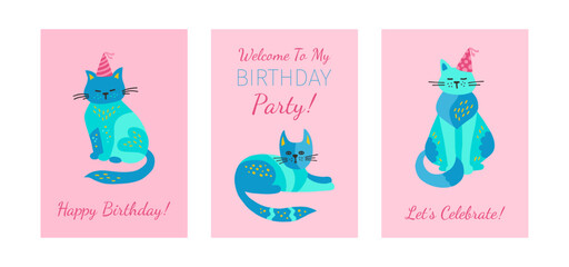 Welcome to birthday party cards set. Postcard with hand drawn cartoon cats childish set. Cute kitten with ornament. Modern pet funny animal design for kids. Invitation poster cats vector illustration