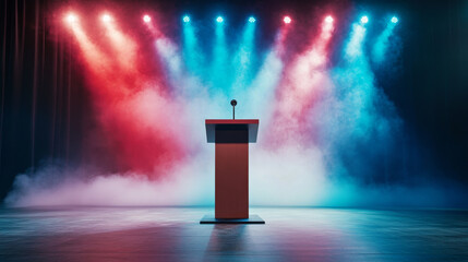 political debate stage setup featuring unoccupied lectern, illuminated by colorful stage lights and surrounded by smoke, creating dramatic atmosphere