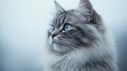 Close-up of a fluffy grey cat with bright blue eyes, looking to the side against a blurred background.
