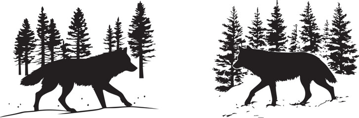 Silhouette of a wolf walking through the snow, snowy forest vector silhouette