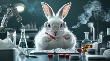 White rabbit wearing glasses and holding a pencil in a laboratory setting with flasks, smoke, and scientific equipment, showcasing creativity and innovation in research and discovery