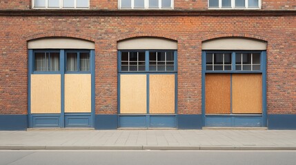 Abandoned Urban Facade with Wooden Panels Covering Windows on Brick Building in City Street Under Clear Sky