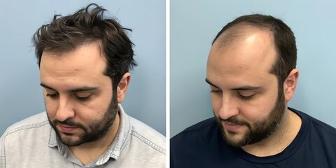 a man before a hair transplant before hardly any hair on his head and after picture with full thick hair front view cosmetic surgery
