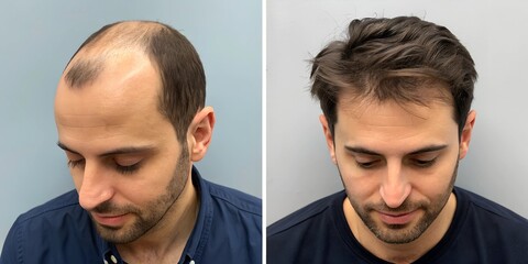 a man before a hair transplant before hardly any hair on his head and after picture with full thick hair front view cosmetic surgery