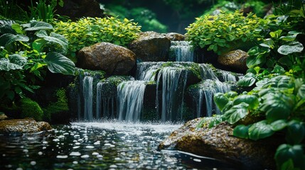 A small waterfall is surrounded by lush green plants and rocks. Generative AI