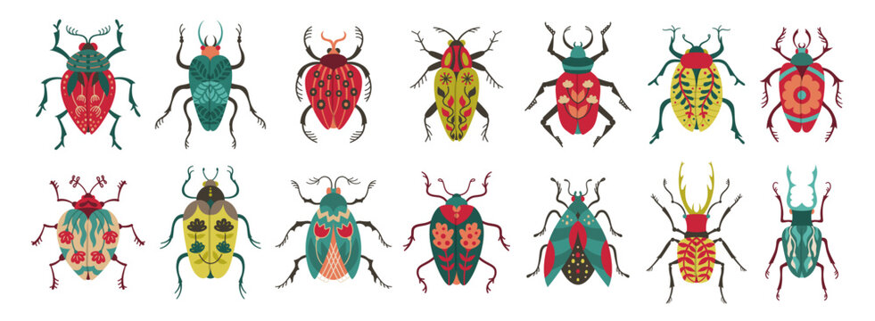 Beetles set whimsical folk art insects. Different fantasy bugs with colorful patterned wings. Stylized cockroach clipart collection for children. Fancy funny vintage bugs vector isolated illustrations