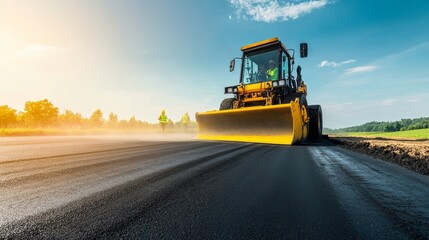 Construction Machinery Working on Freshly Laid Asphalt Road Under Clear Blue Sky, With Workers in Safety Gear Nearby, Showcasing Modern Infrastructure Development