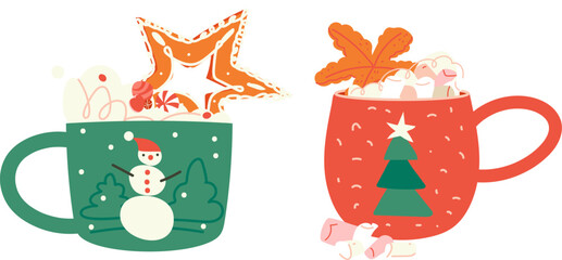 Vector illustration of festive Christmas hot drink cups with decorative patterns, including snowflakes, candy canes, and festive colors. Perfect for holiday designs, invitations, and greeting cards