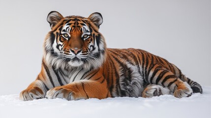 Obraz premium Majestic tiger resting in the snow, intense gaze.