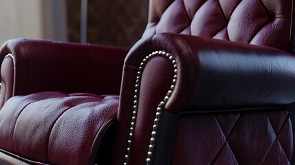 A leather chair with a black trim and gold studs