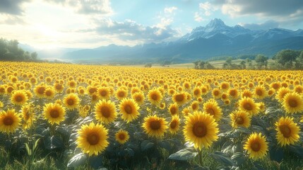 Obraz premium Sunflowers bloom in field, mountains background.