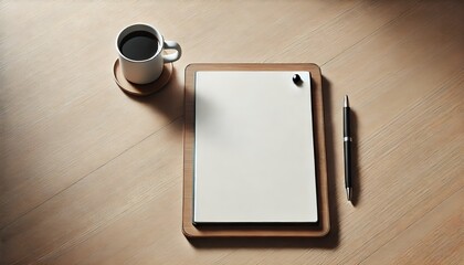 A piece of paper, a coffee cup, and a pen.