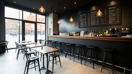 Modern Interior of a Stylish Cafe Featuring Wooden Furniture and Industrial Lighting with a Menu Displaying Various Beverages and Snacks, Ideal for Trendy Dining Experiences