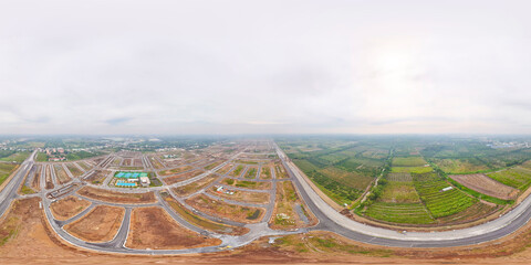 Aerial view of Thu Duc city 2024, Ho Chi Minh city-Vietnam with apartment and building real estate projects, river. Aerial view of Saigon city with blue sky and sun. Fly-cam landscape