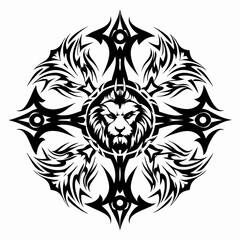 Vector Illustration of a Tribal Death Metal Style Lion Head Featuring Bold, Intricate Lines and a Fierce, Edgy Design