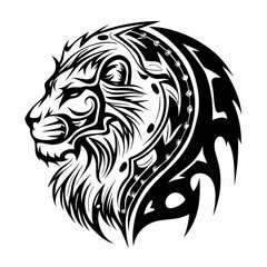 Vector Illustration of a Tribal Death Metal Style Lion Head Featuring Bold, Intricate Lines and a Fierce, Edgy Design