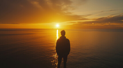 Fototapeta premium Silhouette of a Person Standing at the Edge of Water During a Dramatic Sunset