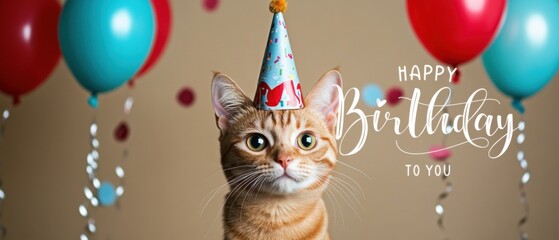 Adorable Ginger Cat Celebrates Birthday with Balloons and Party Hat