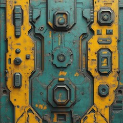 The image is a close up of a yellow and green surface with a lot of metal parts