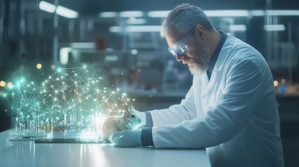 Experienced Scientist Working in a Modern Laboratory, Engaged in Research and Innovation with Advanced Technology and Data Visualization Techniques