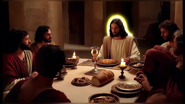 Jesus, a Middle-Eastern male, presides over the Last Supper with his disciples.
