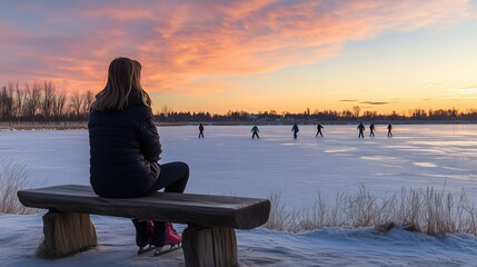 Golden Hour Spectacle, Young Woman Observes Winter Skaters on a Frozen Lake, Silhouetted Against a Vibrant Sunset From Her Rustic Bench